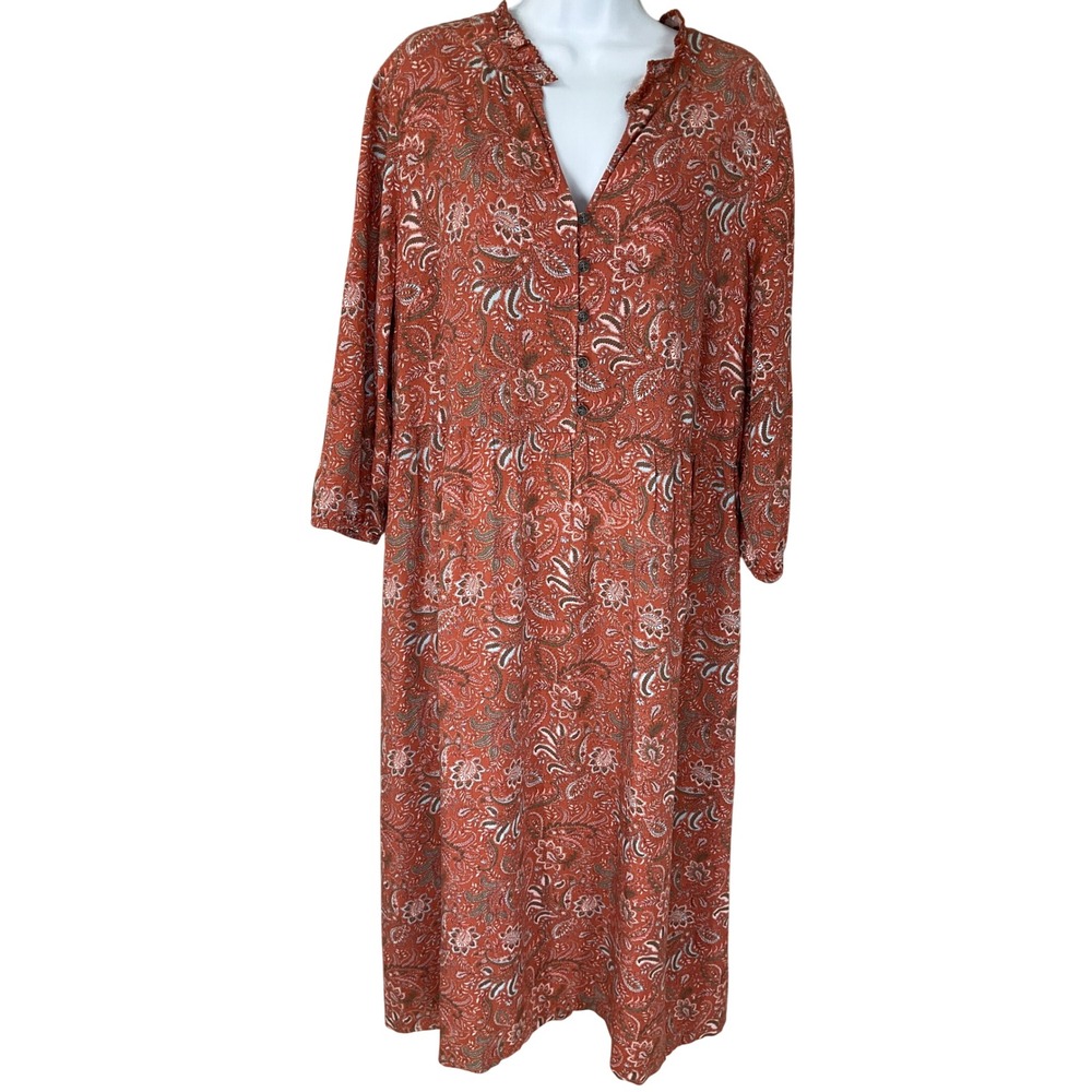 J. Jill Orange Paisley Midi Dress Womens Sz L Boho Tiered Travel Ruffle Neck